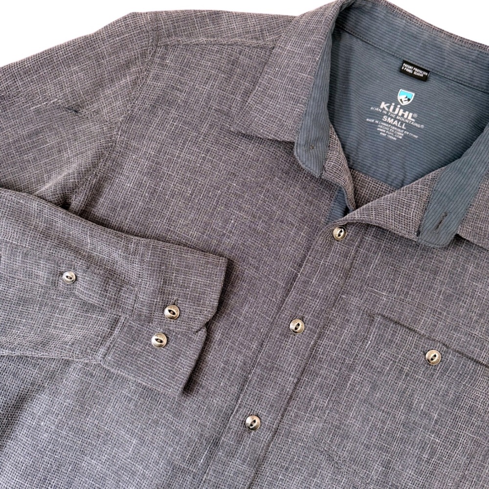 Kuhl Mens Engineered Performance Button-Up Shirt‎ w/ 5 Panel Sleeve Navy Small